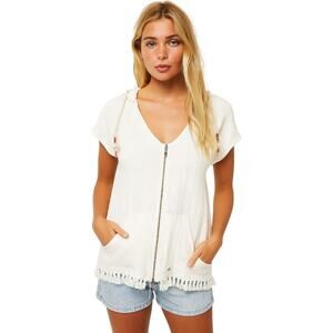 Roxy White Fringe Poncho Medium Hooded Zip Up